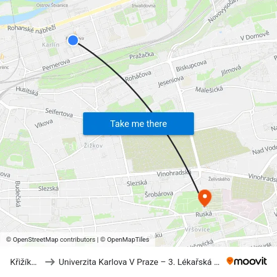 Křižíkova to Univerzita Karlova V Praze – 3. Lékařská Fakulta map