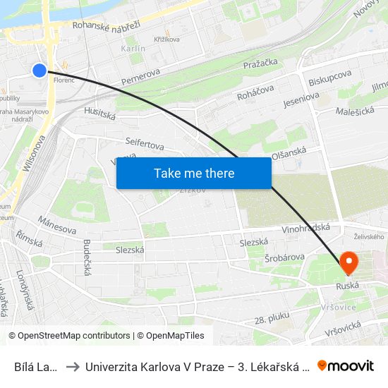 Bílá Labuť to Univerzita Karlova V Praze – 3. Lékařská Fakulta map