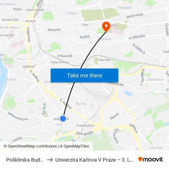 Poliklinika Budějovická (L) to Univerzita Karlova V Praze – 3. Lékařská Fakulta map