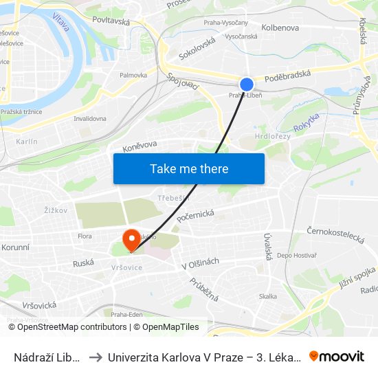 Nádraží Libeň (D) to Univerzita Karlova V Praze – 3. Lékařská Fakulta map