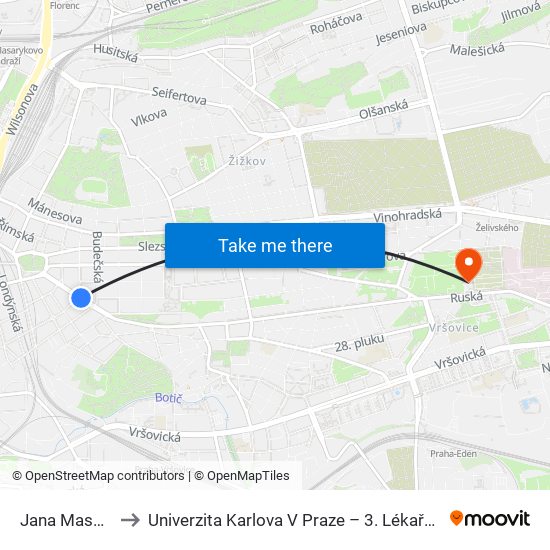 Jana Masaryka to Univerzita Karlova V Praze – 3. Lékařská Fakulta map