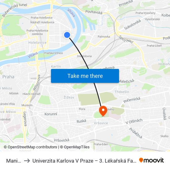 Maniny to Univerzita Karlova V Praze – 3. Lékařská Fakulta map