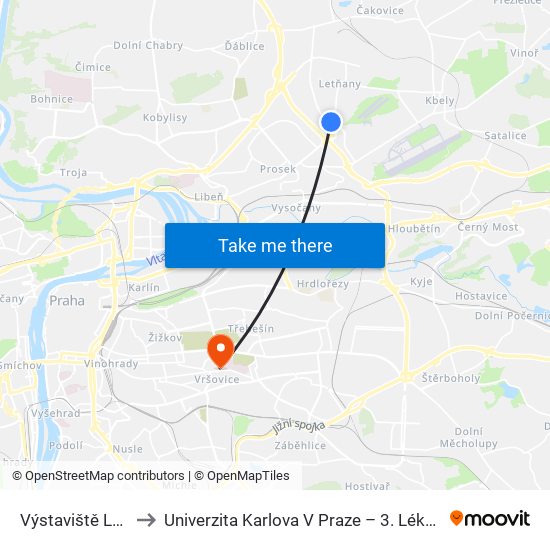 Výstaviště Letňany to Univerzita Karlova V Praze – 3. Lékařská Fakulta map