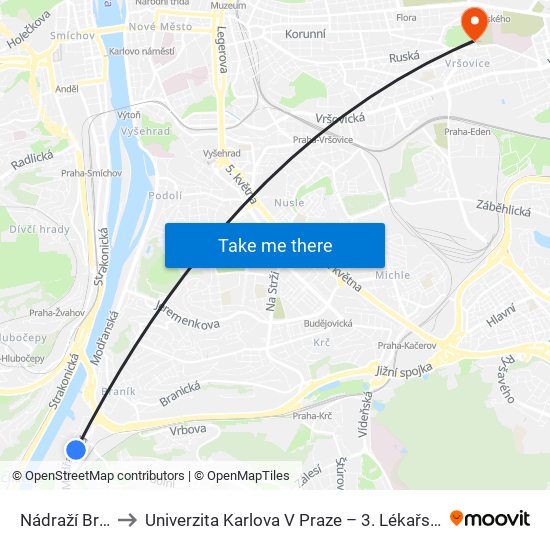 Nádraží Braník to Univerzita Karlova V Praze – 3. Lékařská Fakulta map