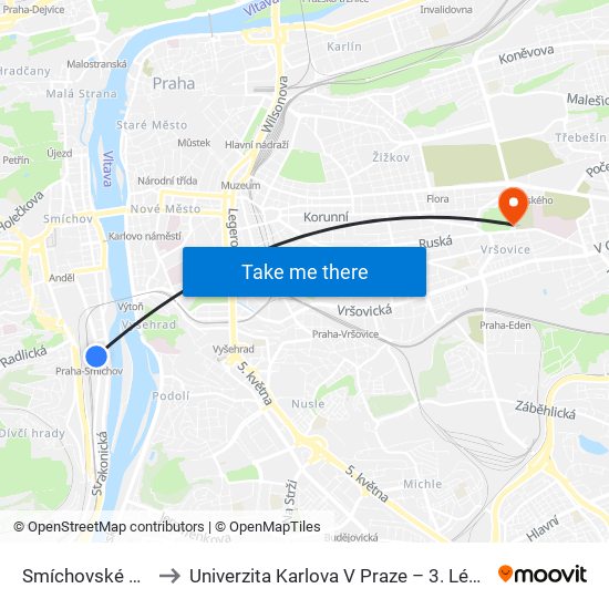 Smíchovské Nádraží to Univerzita Karlova V Praze – 3. Lékařská Fakulta map