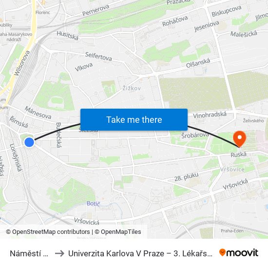 Náměstí Míru to Univerzita Karlova V Praze – 3. Lékařská Fakulta map