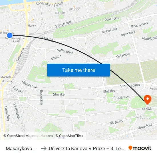 Masarykovo Nádraží to Univerzita Karlova V Praze – 3. Lékařská Fakulta map