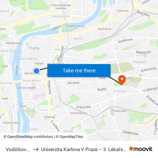 Vodičkova (A) to Univerzita Karlova V Praze – 3. Lékařská Fakulta map