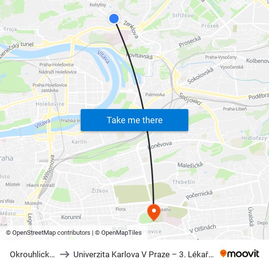 Okrouhlická (B) to Univerzita Karlova V Praze – 3. Lékařská Fakulta map