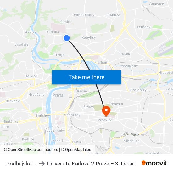 Podhajská Pole to Univerzita Karlova V Praze – 3. Lékařská Fakulta map