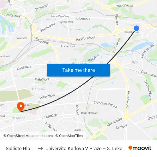 Sídliště Hloubětín to Univerzita Karlova V Praze – 3. Lékařská Fakulta map