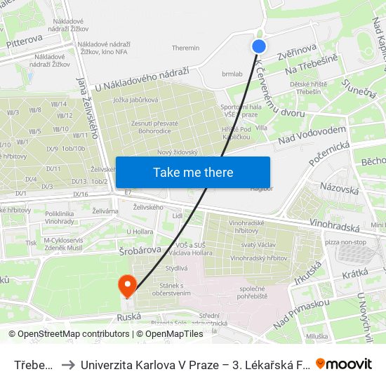 Třebešín to Univerzita Karlova V Praze – 3. Lékařská Fakulta map