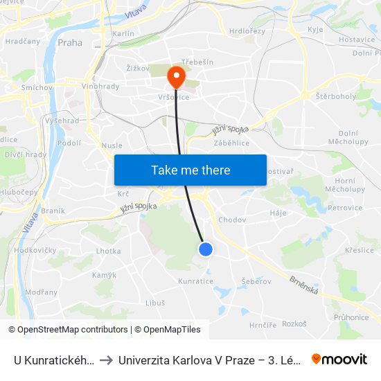 U Kunratického Lesa to Univerzita Karlova V Praze – 3. Lékařská Fakulta map