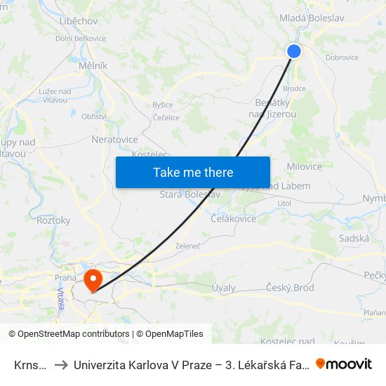 Krnsko to Univerzita Karlova V Praze – 3. Lékařská Fakulta map