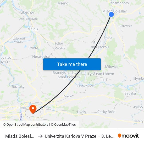 Mladá Boleslav Hl.N. to Univerzita Karlova V Praze – 3. Lékařská Fakulta map