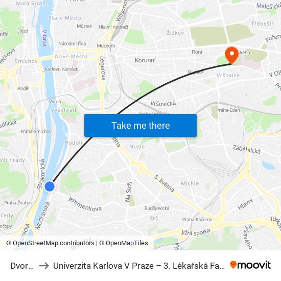 Dvorce to Univerzita Karlova V Praze – 3. Lékařská Fakulta map