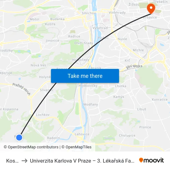Kosoř to Univerzita Karlova V Praze – 3. Lékařská Fakulta map