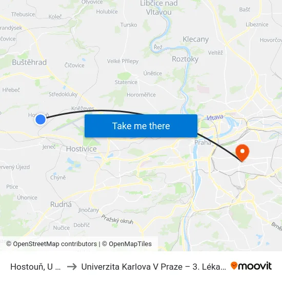 Hostouň, U Hřiště to Univerzita Karlova V Praze – 3. Lékařská Fakulta map
