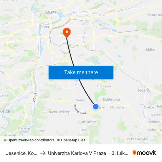 Jesenice, Kocanda (B) to Univerzita Karlova V Praze – 3. Lékařská Fakulta map