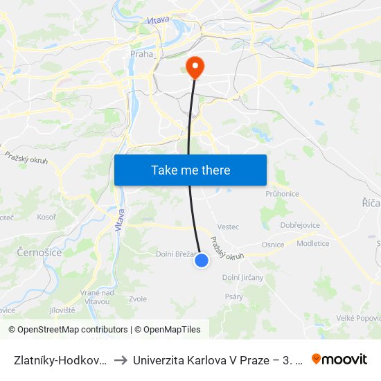 Zlatníky-Hodkovice, Náves (A) to Univerzita Karlova V Praze – 3. Lékařská Fakulta map