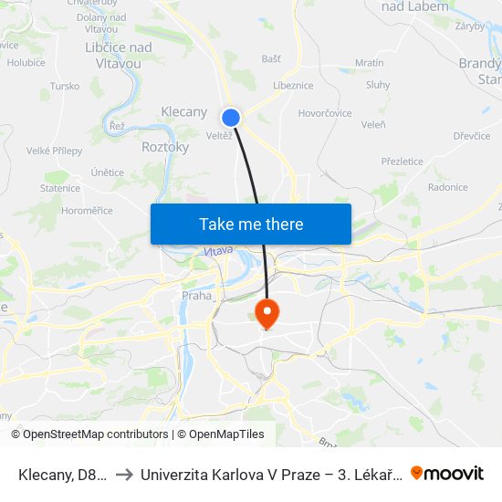 Klecany, D8 Park to Univerzita Karlova V Praze – 3. Lékařská Fakulta map