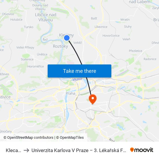 Klecany to Univerzita Karlova V Praze – 3. Lékařská Fakulta map