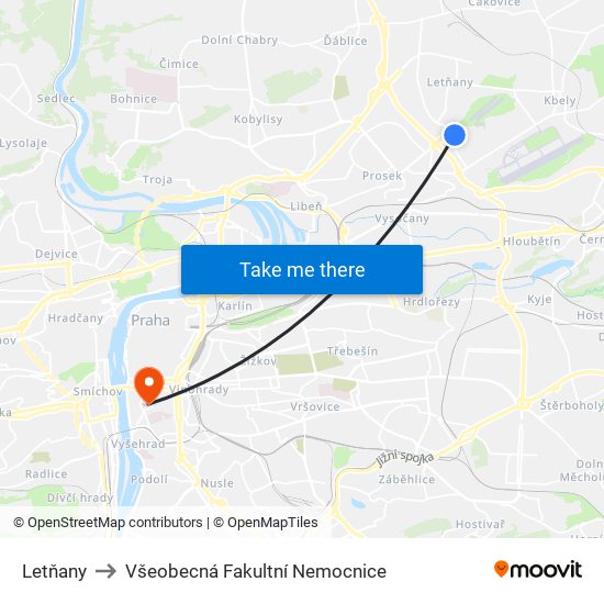 Letňany to Všeobecná Fakultní Nemocnice map