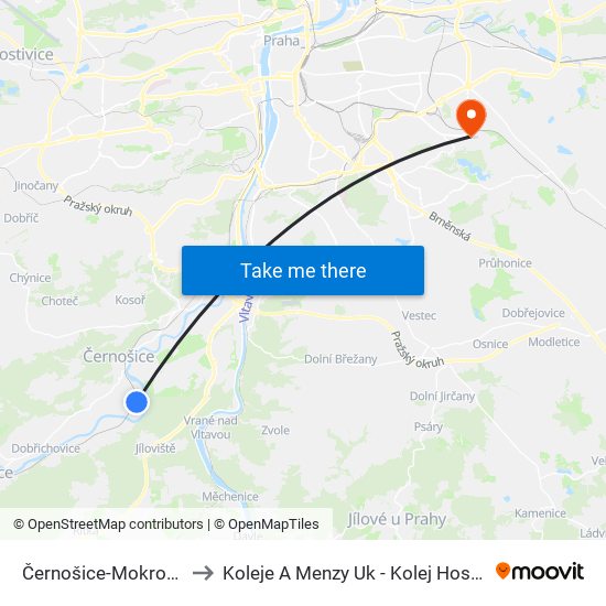 Černošice-Mokropsy to Koleje A Menzy Uk - Kolej Hostivař map