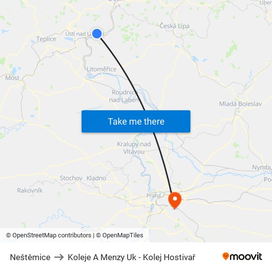 Neštěmice to Koleje A Menzy Uk - Kolej Hostivař map