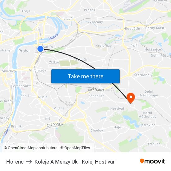 Florenc to Koleje A Menzy Uk - Kolej Hostivař map