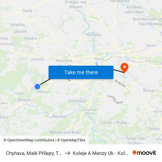 Chyňava, Malé Přílepy, Teplá Stráň (B) to Koleje A Menzy Uk - Kolej Hostivař map