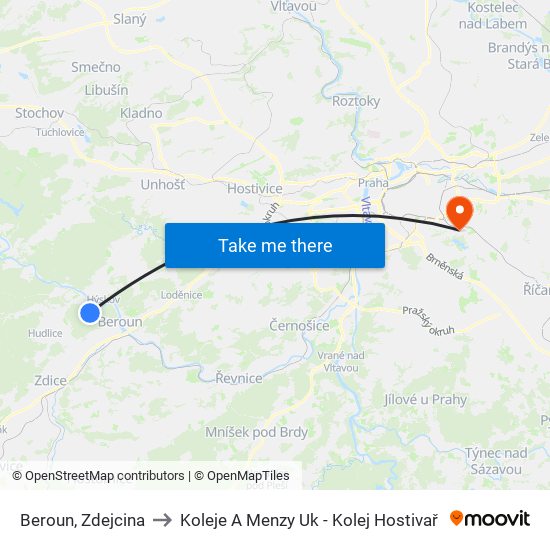 Beroun, Zdejcina (A) to Koleje A Menzy Uk - Kolej Hostivař map