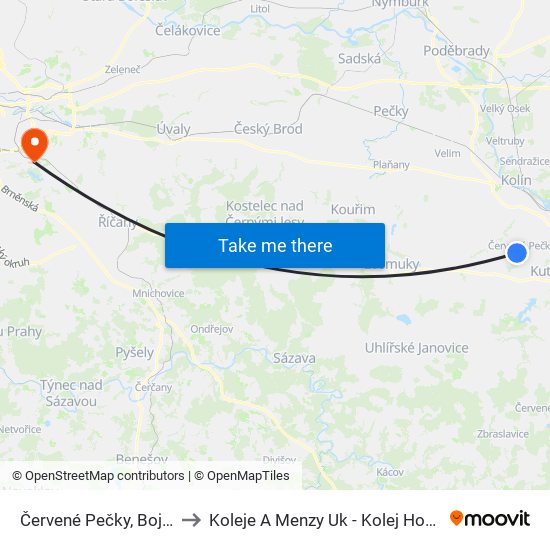 Červené Pečky, Bojiště (1) to Koleje A Menzy Uk - Kolej Hostivař map