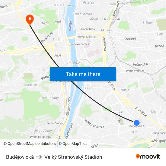 Budějovická to Velký Strahovský Stadion map