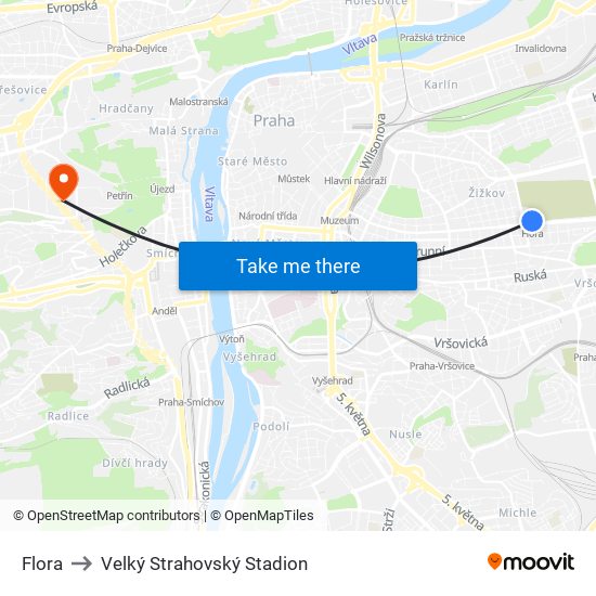 Flora to Velký Strahovský Stadion map