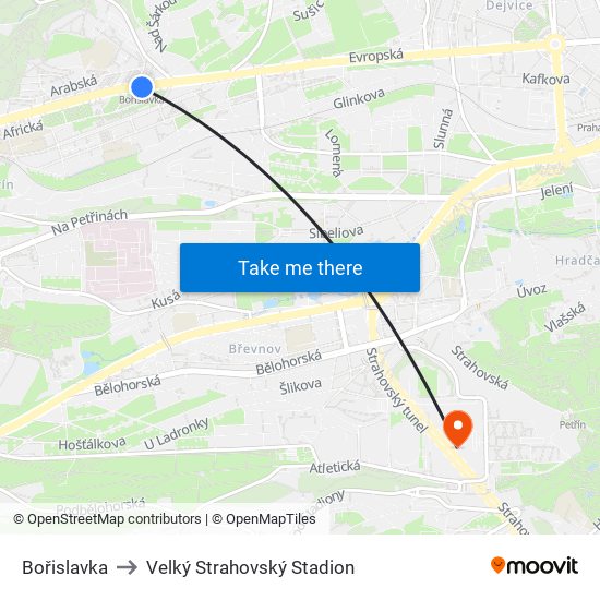 Bořislavka to Velký Strahovský Stadion map