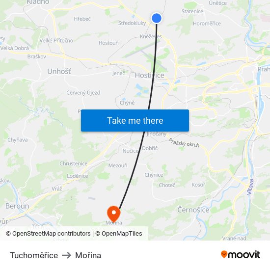 Tuchoměřice to Mořina map