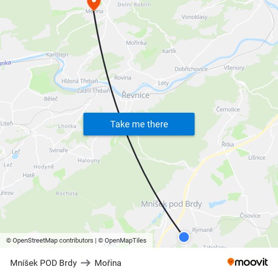 Mníšek POD Brdy to Mořina map