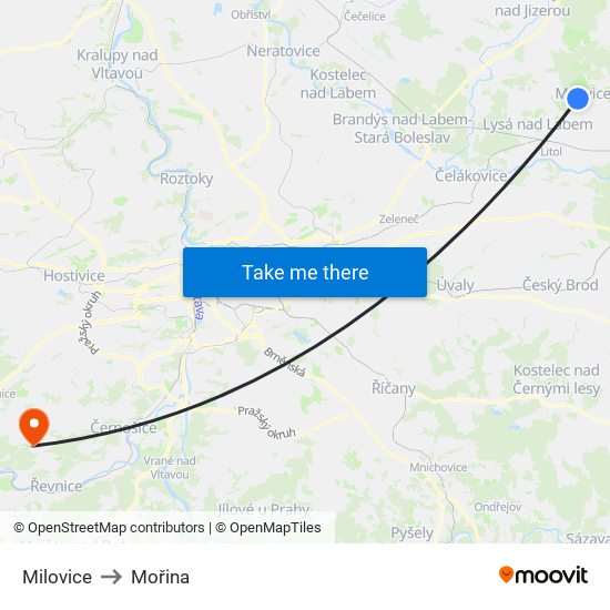 Milovice to Mořina map