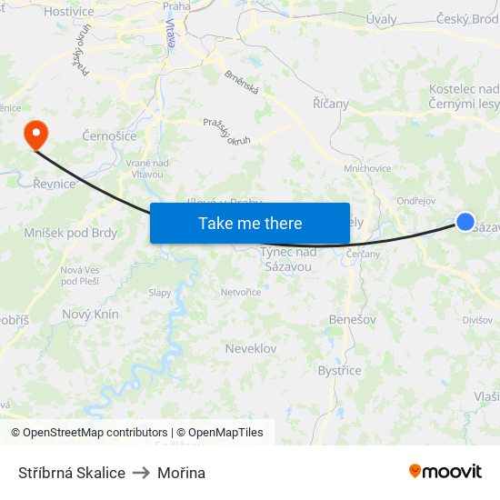 Stříbrná Skalice to Mořina map