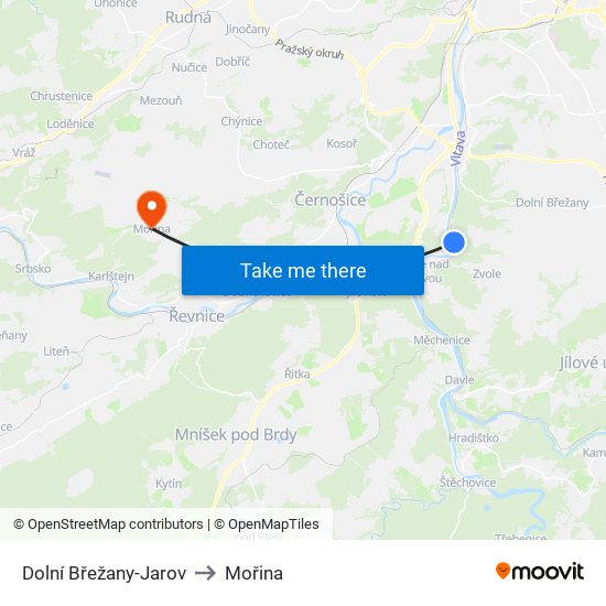 Dolní Břežany-Jarov to Mořina map