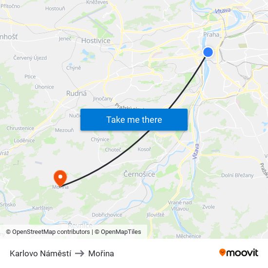 Karlovo Náměstí to Mořina map