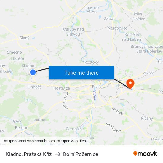 Kladno, Pražská Křiž. to Dolní Počernice map