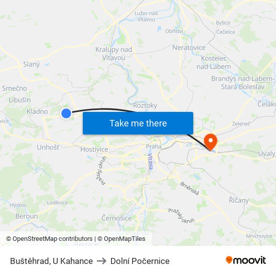 Buštěhrad, U Kahance to Dolní Počernice map