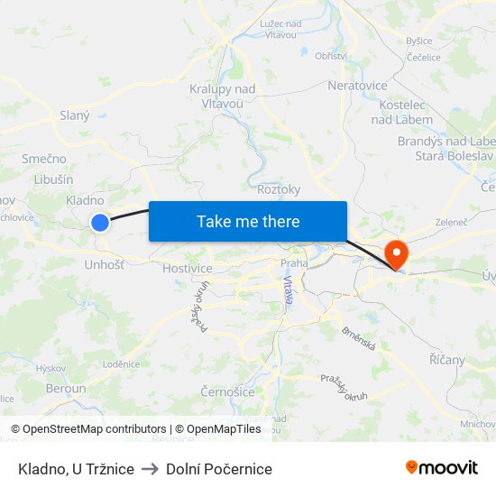 Kladno, U Tržnice (A) to Dolní Počernice map