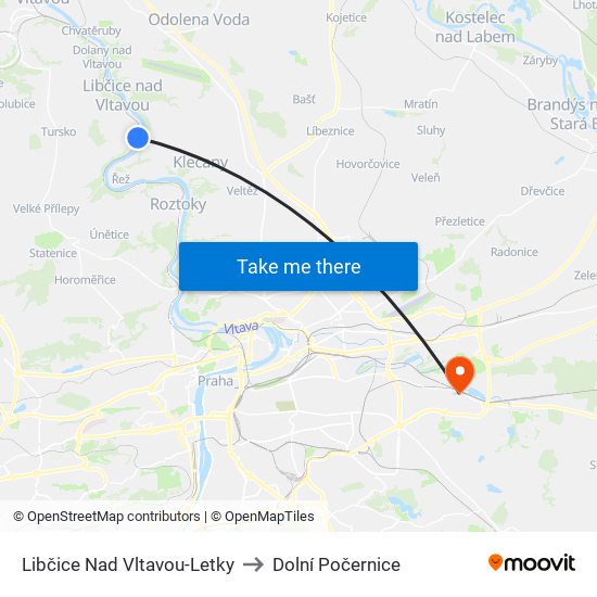 Libčice Nad Vltavou-Letky to Dolní Počernice map