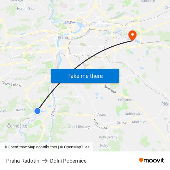 Praha-Radotín to Dolní Počernice map