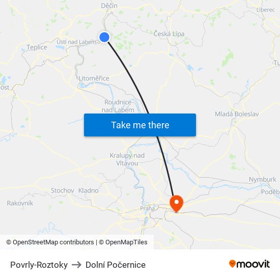 Povrly-Roztoky to Dolní Počernice map