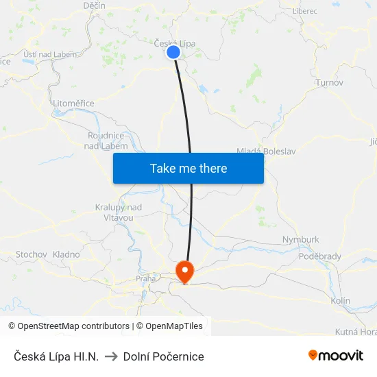 Česká Lípa Hl.N. to Dolní Počernice map