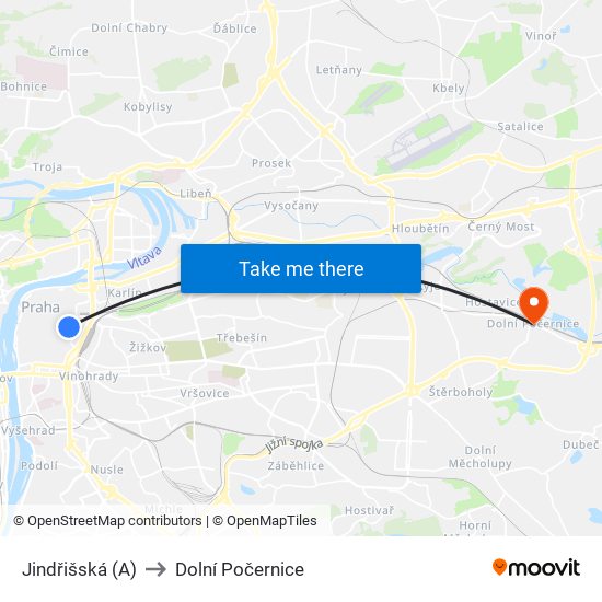 Jindřišská (A) to Dolní Počernice map